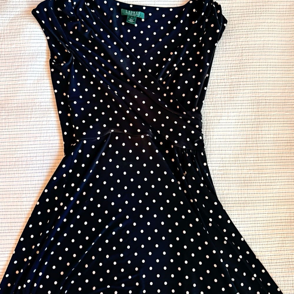 Classic I Love Lucy vibes!!  Lauren Ralph Lauren Black Polka Dot Wrap Dress